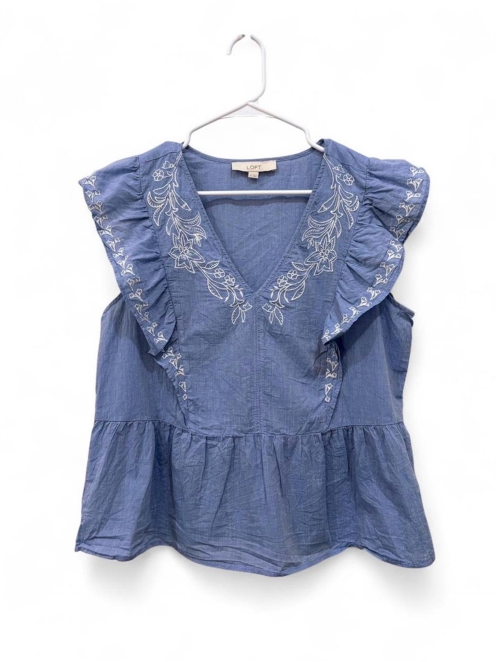 LOFT Floral Embroidered Flutter‎ Sleeve Peplum Blouse Medium Lightweight Flowy